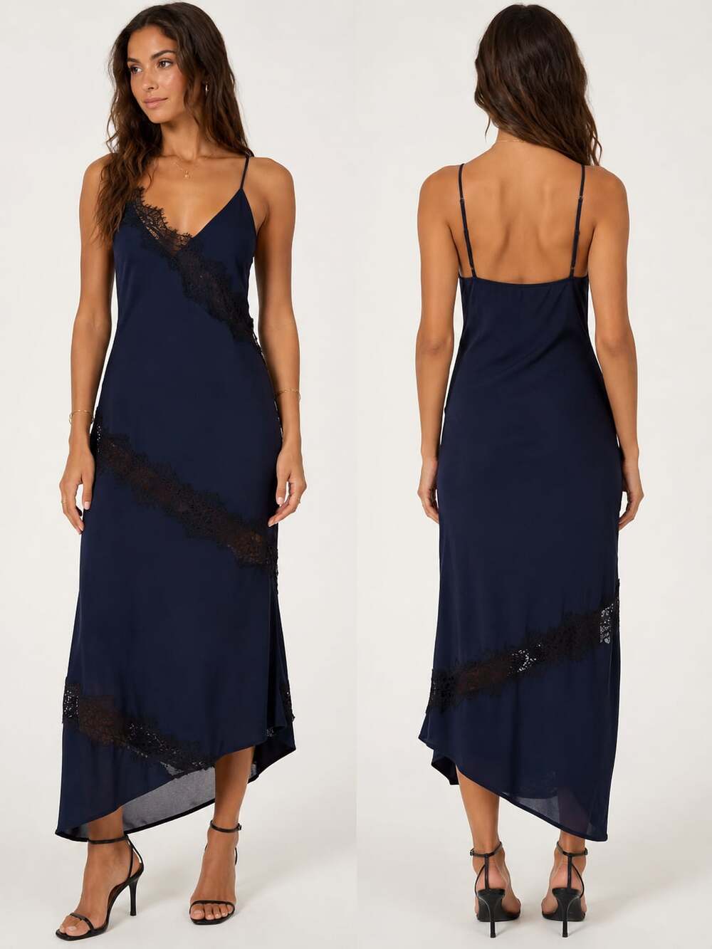 House of Harlow 1960 Navy Blue Lace-Trim Asymmetric Slip Midi Dress